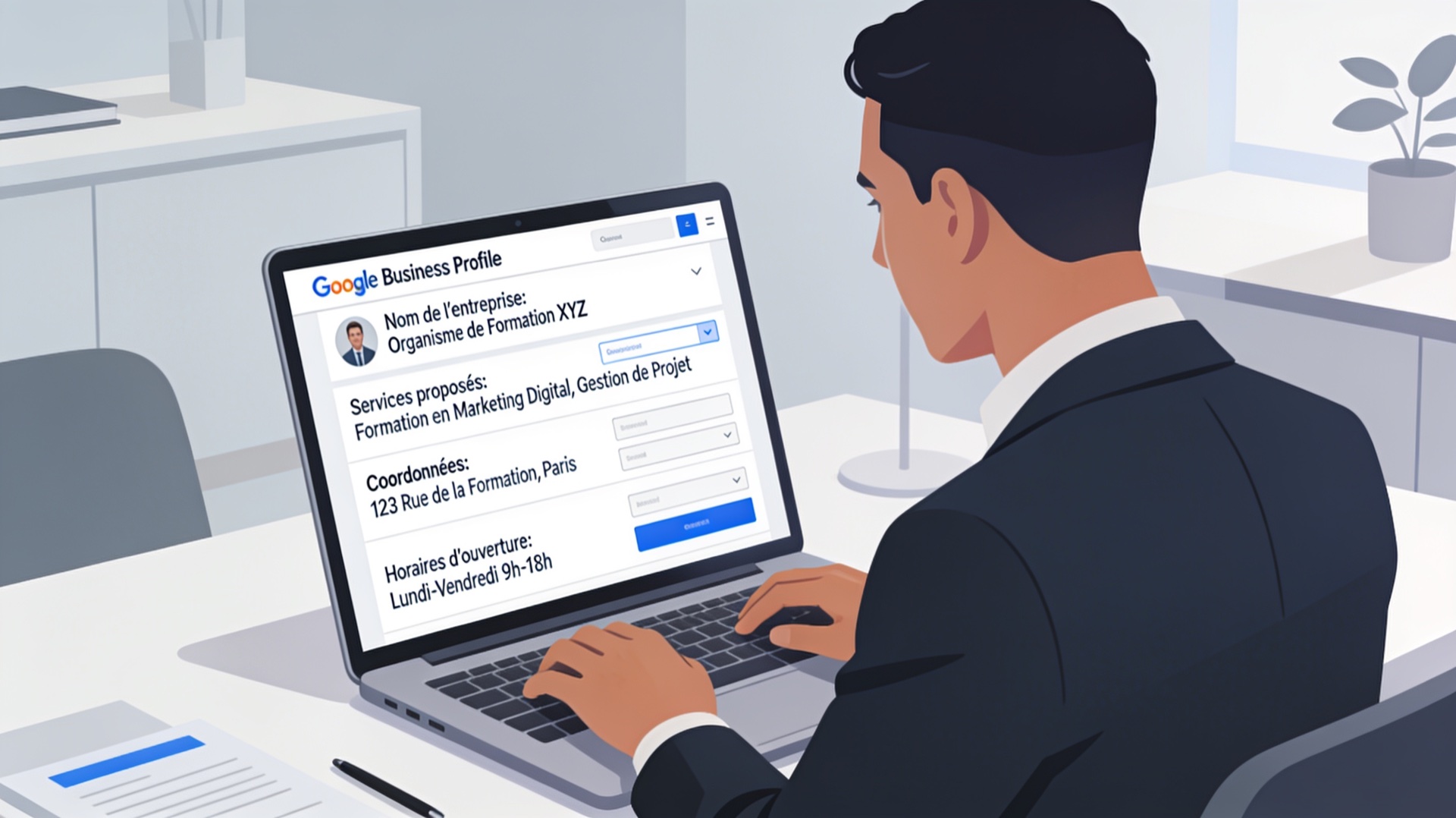 Professionnel au bureau optimisant sa fiche Google Business pour organisme de formation